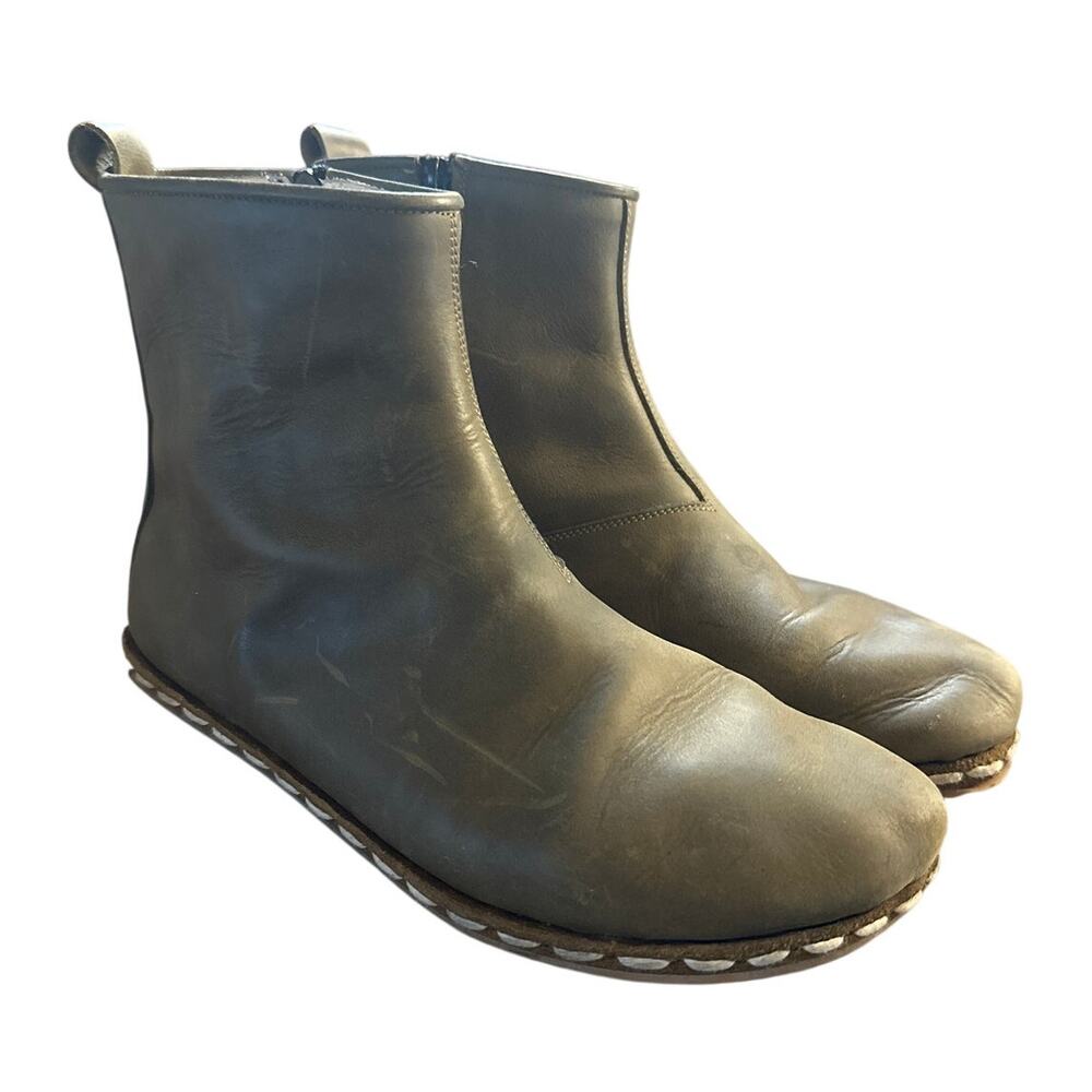 Women 10.5 Atlantis Handmade Turkey Olive Green Leather Barefoot Boot Zip Ankle